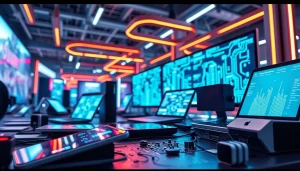 Engaging technology hub scene showcasing devices inspired by https://www.techgaged.com for a vibrant atmosphere.