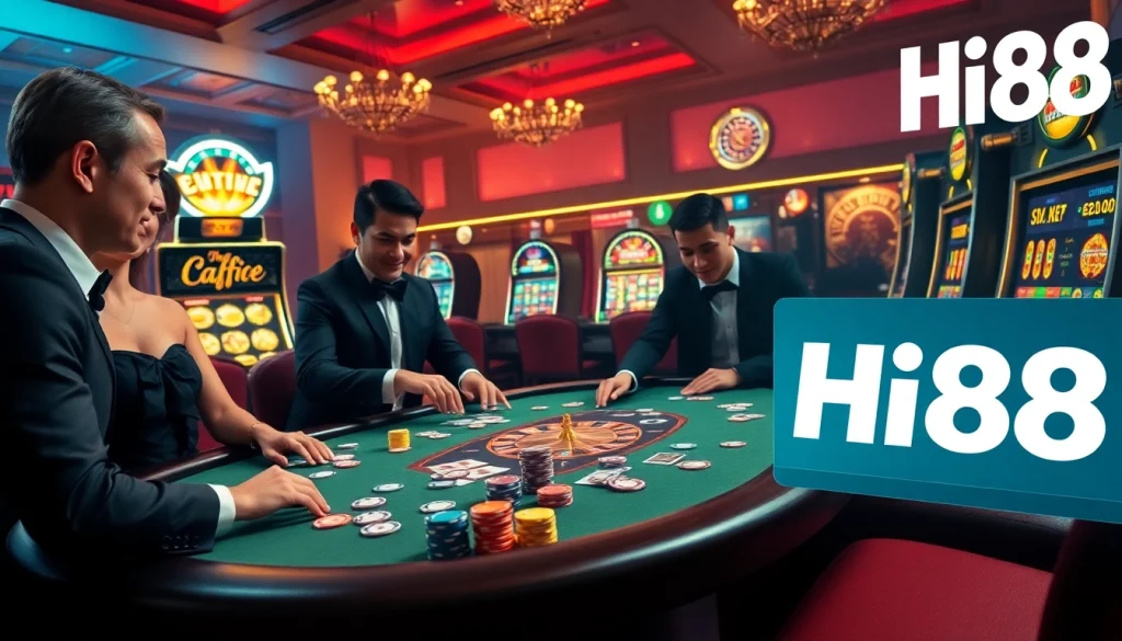 Hi88 poker players enjoy a thrilling game at the casino table, with colorful chips and cards.