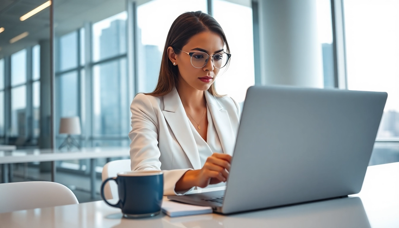 Businesswoman examining financial data using invoice processing software in a modern office.