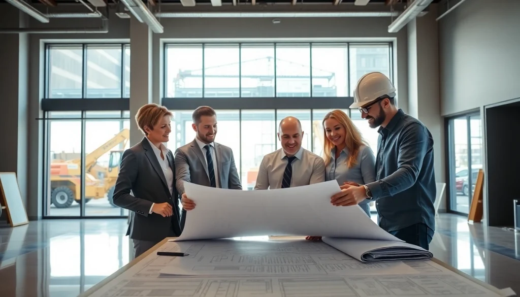 Collaborative meeting of a New Jersey Commercial General Contractor team reviewing construction plans.