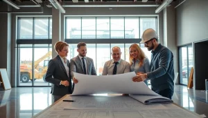 Collaborative meeting of a New Jersey Commercial General Contractor team reviewing construction plans.