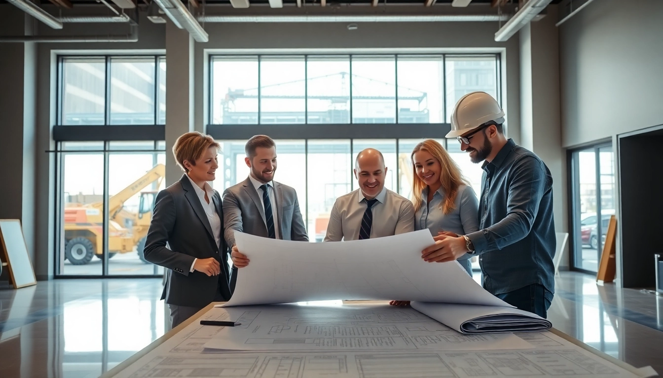 Collaborative meeting of a New Jersey Commercial General Contractor team reviewing construction plans.