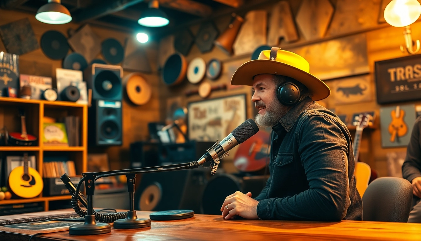 Engaging moment at https://mycountry955.com radio station with DJ broadcasting lively country music.