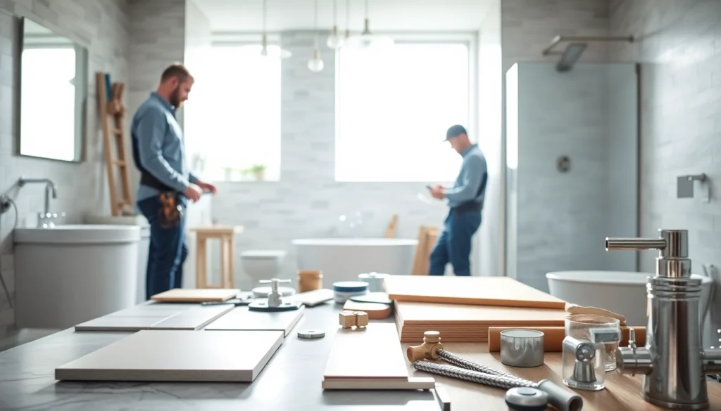 Skilled bathroom builders remodeling a sleek bathroom, showcasing quality craftsmanship and modern designs.