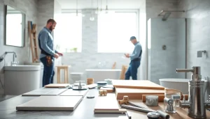 Skilled bathroom builders remodeling a sleek bathroom, showcasing quality craftsmanship and modern designs.