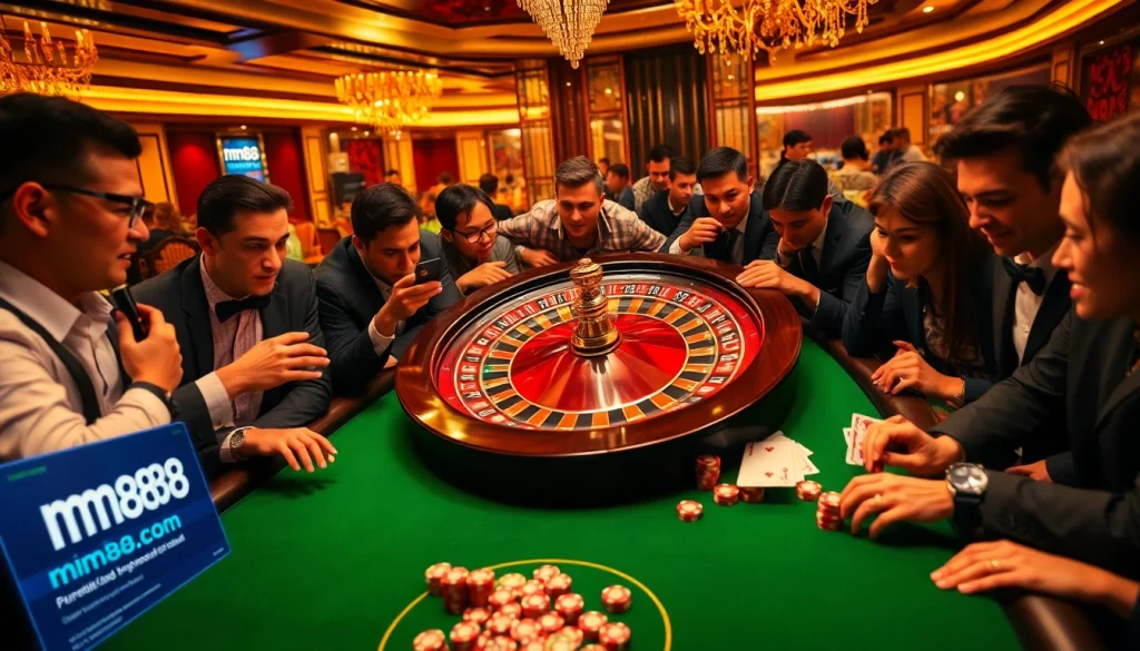 Players enjoying thrilling casino action with mm88 com branding visible on the poker table and roulette wheel.