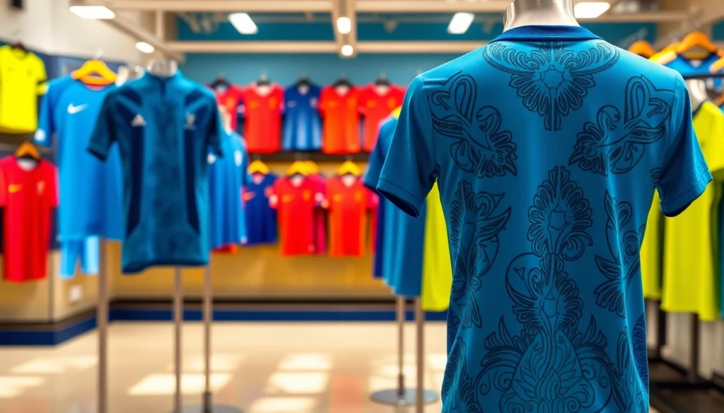 Shop vibrant football kits with unique designs and styles on display in a sports store.
