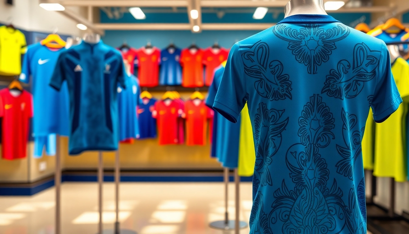Shop vibrant football kits with unique designs and styles on display in a sports store.