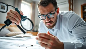Inspecting a bedbug issue by a pest control expert at https://affordablebedbugexterminators.com indoor setup with gear in focus.