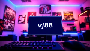 Engaging digital gaming setup with vj88 branding on display, showcasing vibrant equipment and atmosphere.
