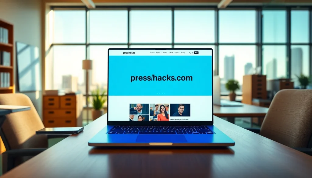 Viewing the website https://presshackers.com on a sleek laptop in a professional office.