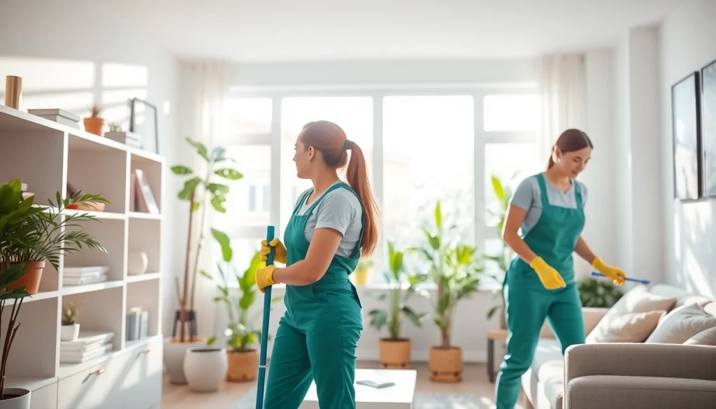 Cleaners providing exceptional cleaning service in a bright, organized space that showcases their expertise.