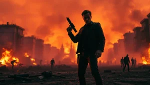 Engaging action-packed thriller scene of a hero poised for battle amidst chaos.