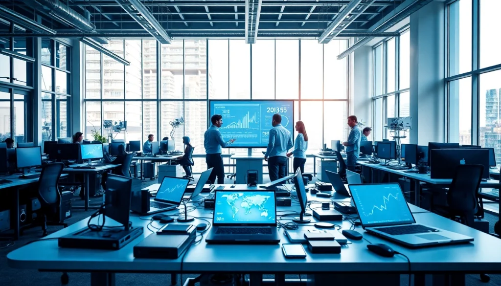 Engage with technology in a collaborative workspace featuring advanced gadgets and bright aesthetics.