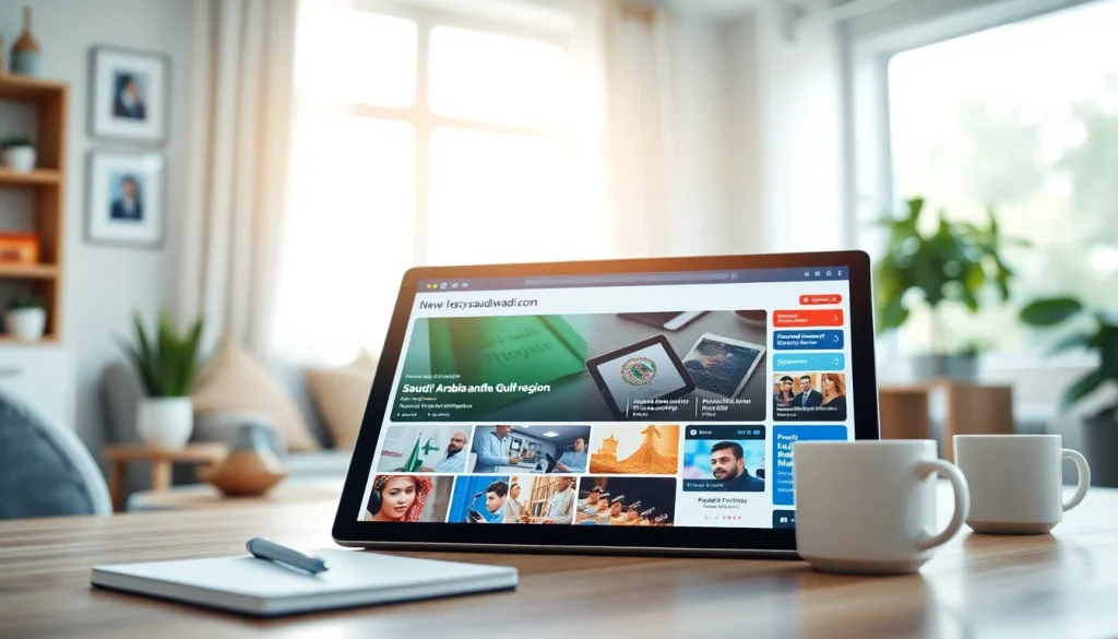 Engaging interface of https://saudiwadi.com showcasing vibrant headlines in a cozy workspace.