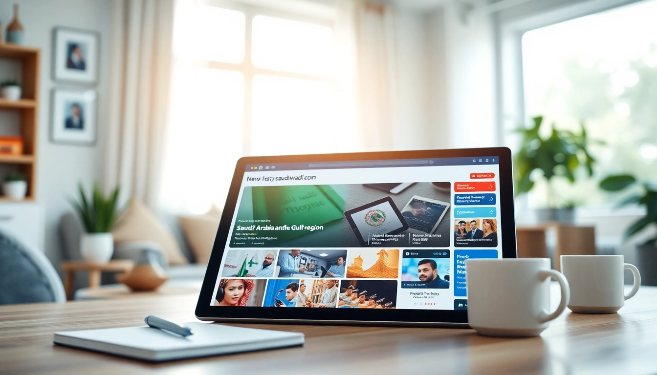 Engaging interface of https://saudiwadi.com showcasing vibrant headlines in a cozy workspace.