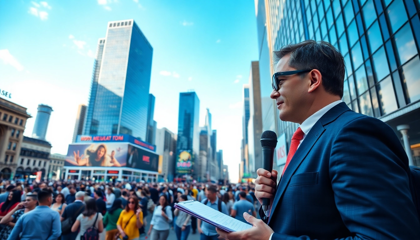 Capture the essence of regionalmedianews.com with a journalist engaging a vibrant crowd.