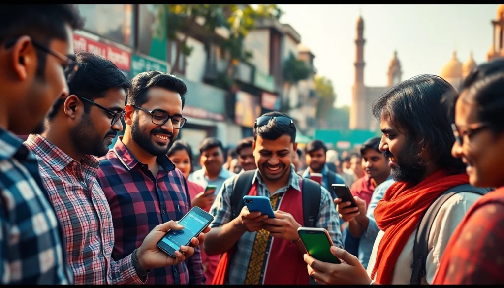 Engaged individuals participating in sports betting in India, showcasing vibrant urban life and betting apps.