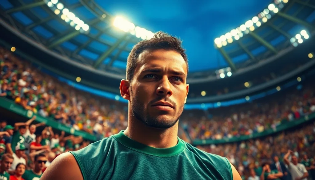 Athlete showcasing determination in a vibrant stadium with sayaptogel spirit.