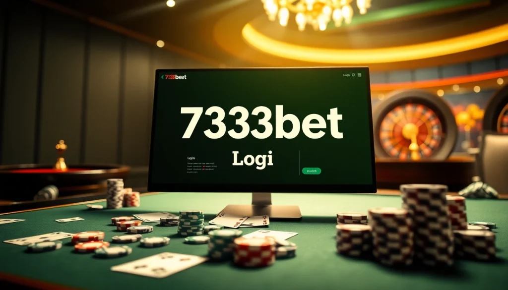 Engaging visual of 733bet Login interface with poker chips and roulette wheel, showcasing luxury gaming experience.