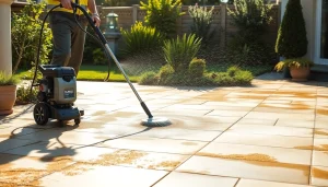 Visokotlačno čiščenje tlakovcev by a professional technician on a sunny patio