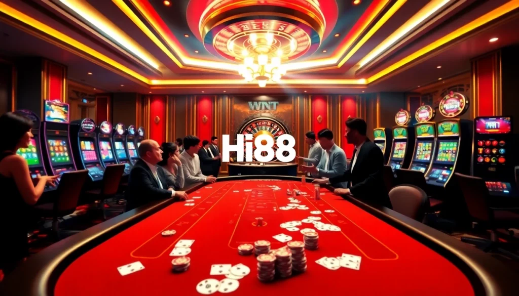 Hi88 players enjoy exciting card games and vibrant roulette atmosphere in a luxurious casino.