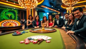 U888 players enjoying a vibrant casino table with cards and chips.