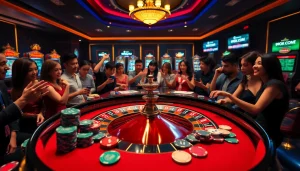 Players enjoying thrilling gameplay at 99OK.COM's luxurious casino environment with roulette and cards.