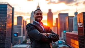Dennis Wimberly Jr stands confidently in front of the Atlanta skyline, symbolizing entrepreneurial success and innovation.