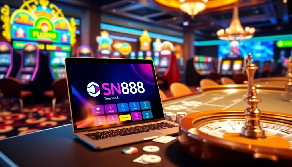 Engage with the thrilling SN888 Download app in a vibrant casino scene filled with gaming excitement.