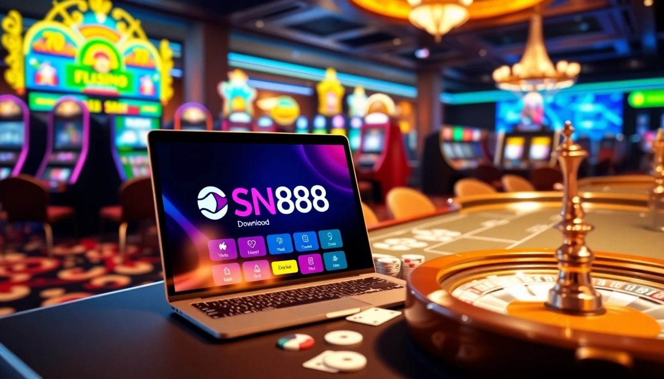 Engage with the thrilling SN888 Download app in a vibrant casino scene filled with gaming excitement.
