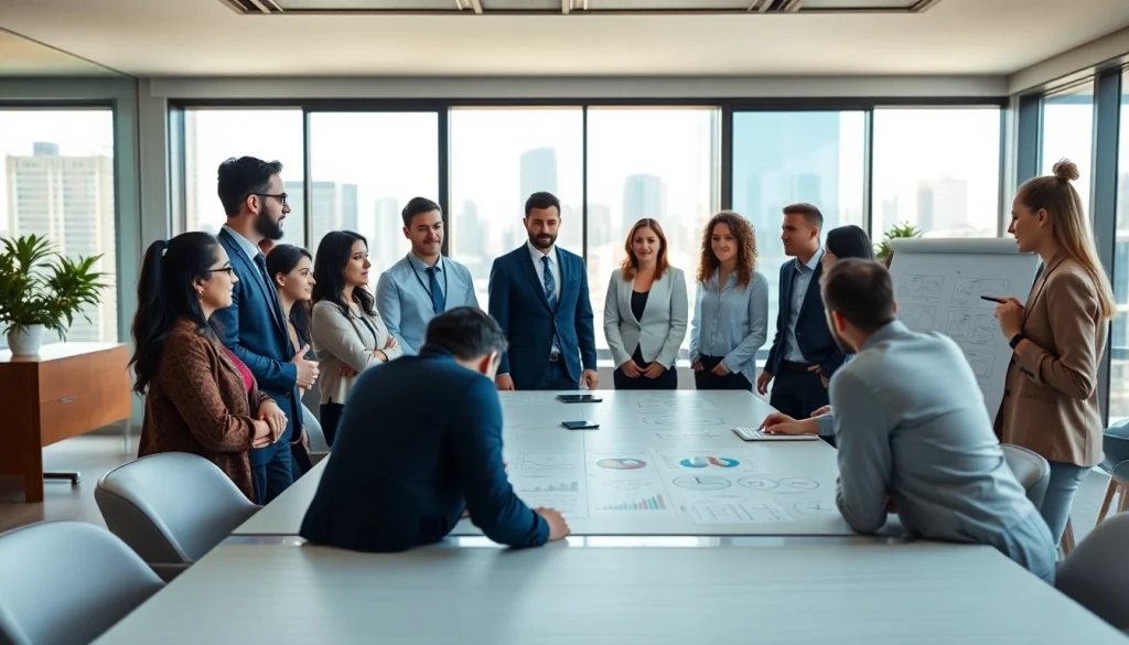 Business team collaborating in a modern office during a brainstorming session.