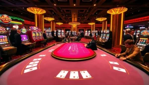 A lively casino scene showcasing players engaged in the vmax game at an elegant blackjack table, surrounded by colorful slot machines.