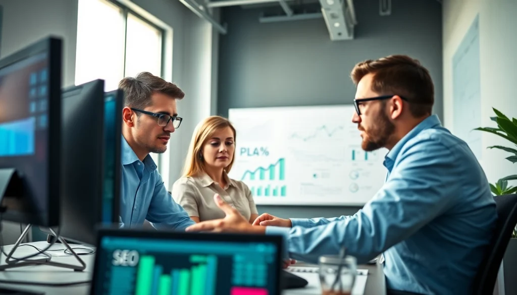 Analyze SEO data with a dedicated team in a modern office, focusing on growth.