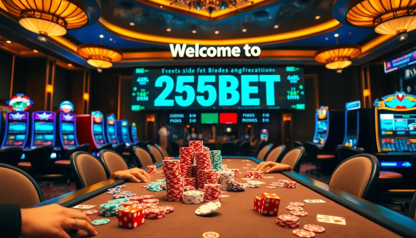 Players experience the thrill of gaming at 255BET's luxurious casino tables, filled with poker chips and cards.
