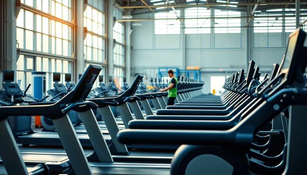 Fitness equipment manufacturer showcasing advanced assembly of treadmills and ellipticals in a modern facility.