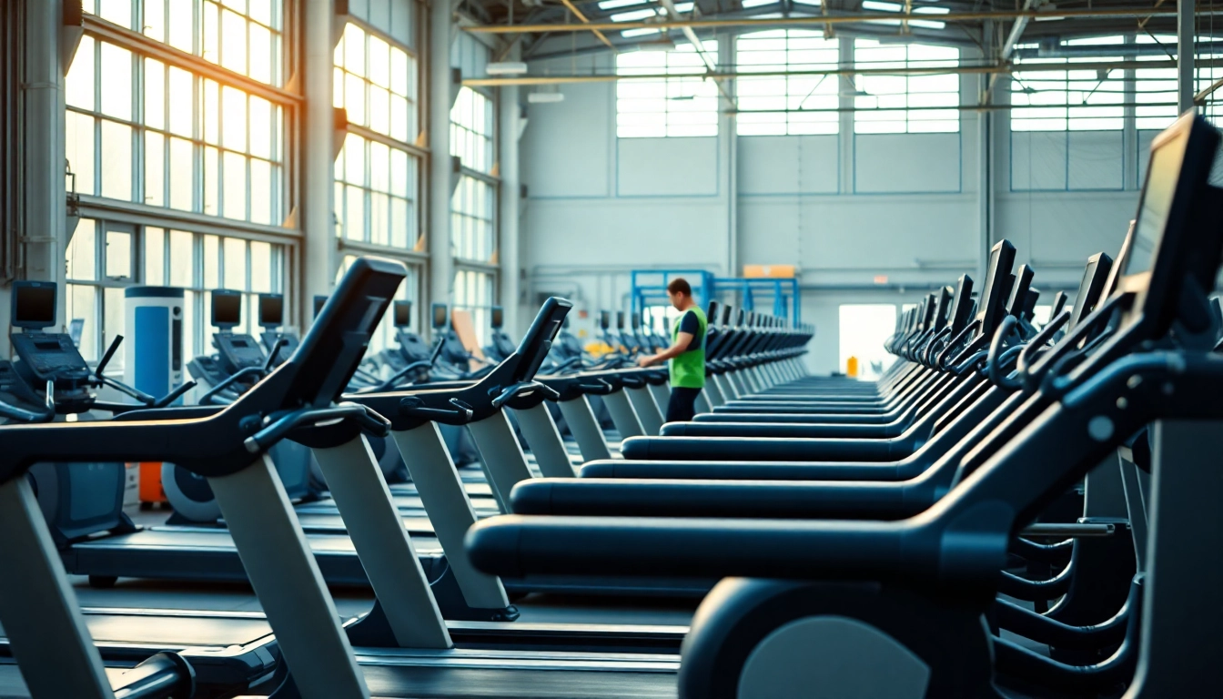 Fitness equipment manufacturer showcasing advanced assembly of treadmills and ellipticals in a modern facility.