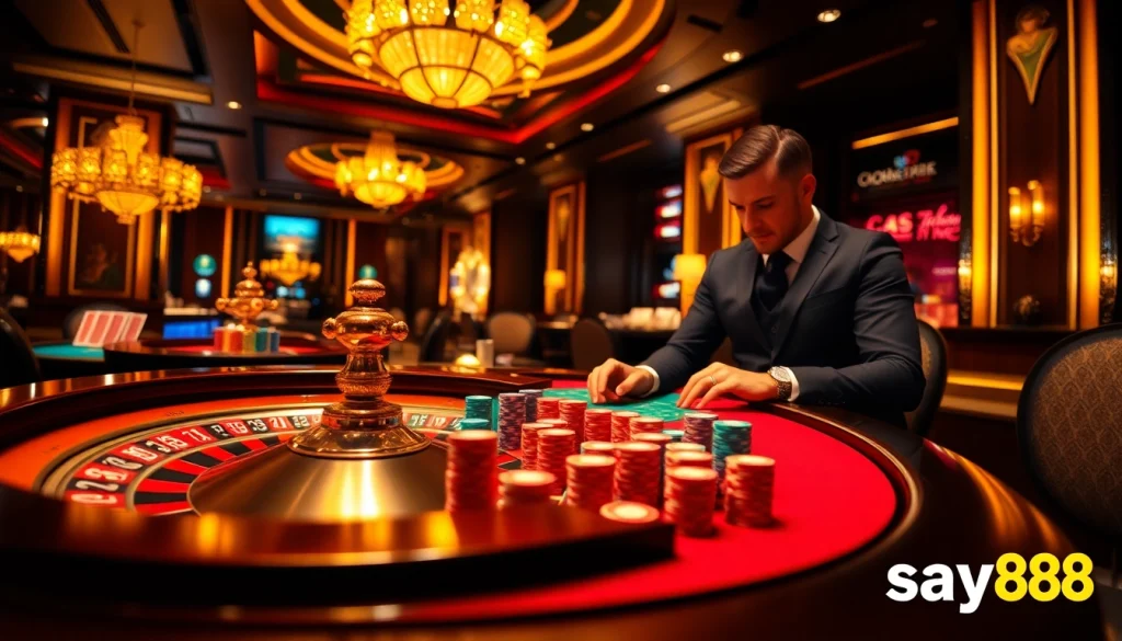 Experience thrilling poker and roulette action at say88's luxurious casino tables, showcasing professional gaming ambiance.