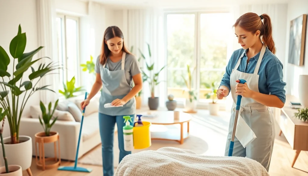 Cleaning service team diligently enhancing a modern home, showcasing eco-friendly practices and teamwork.