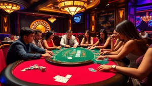 KJC poker game showcasing excitement with players, chips, and a roulette wheel.