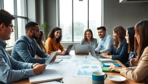 Business meeting with diverse team discussing strategies in a modern office.