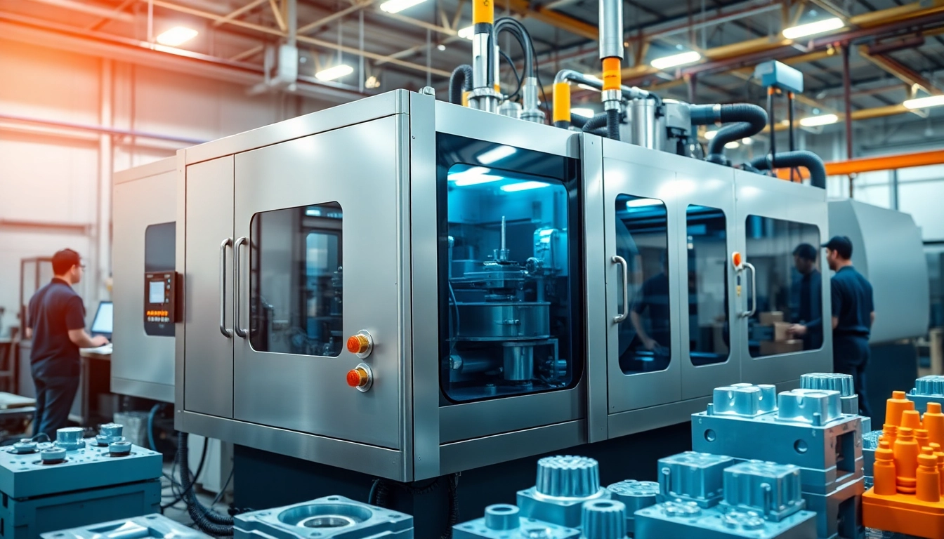 Large injection molding machine showcasing advanced technology in a modern industrial setting.