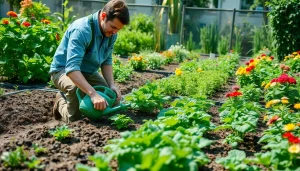 Gardening enthusiast cultivating a vibrant vegetable garden with lush plants and flowers.
