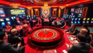 Experience the thrill of JUN88 with vibrant casino games and elegant dealers in a luxurious setting.
