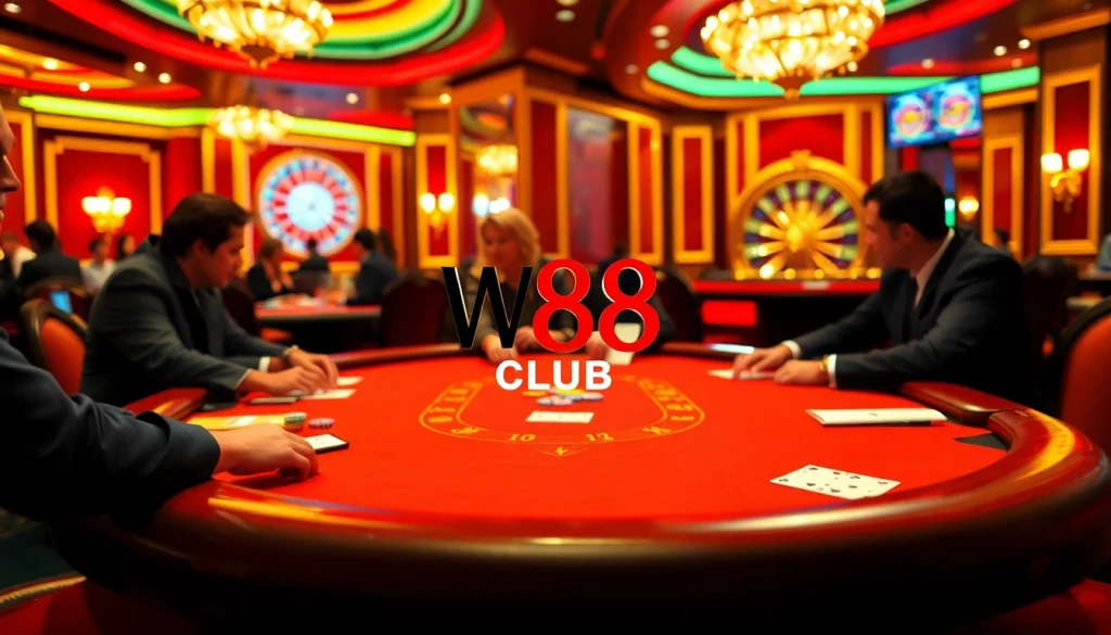Exciting poker game at W88 Club table with vibrant ambiance and high-stakes action.