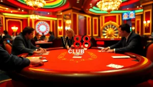 Exciting poker game at W88 Club table with vibrant ambiance and high-stakes action.