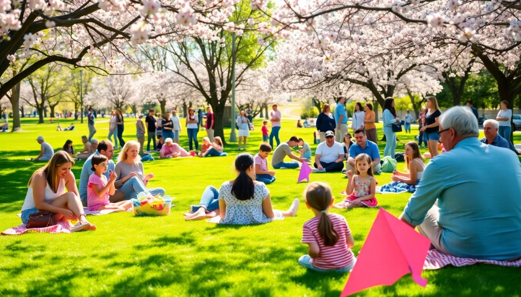 Families enjoying a sunny day in Clarksburg, CA park with kites and picnics.