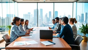 Business professionals collaborating in a meeting, showcasing a modern conference atmosphere.