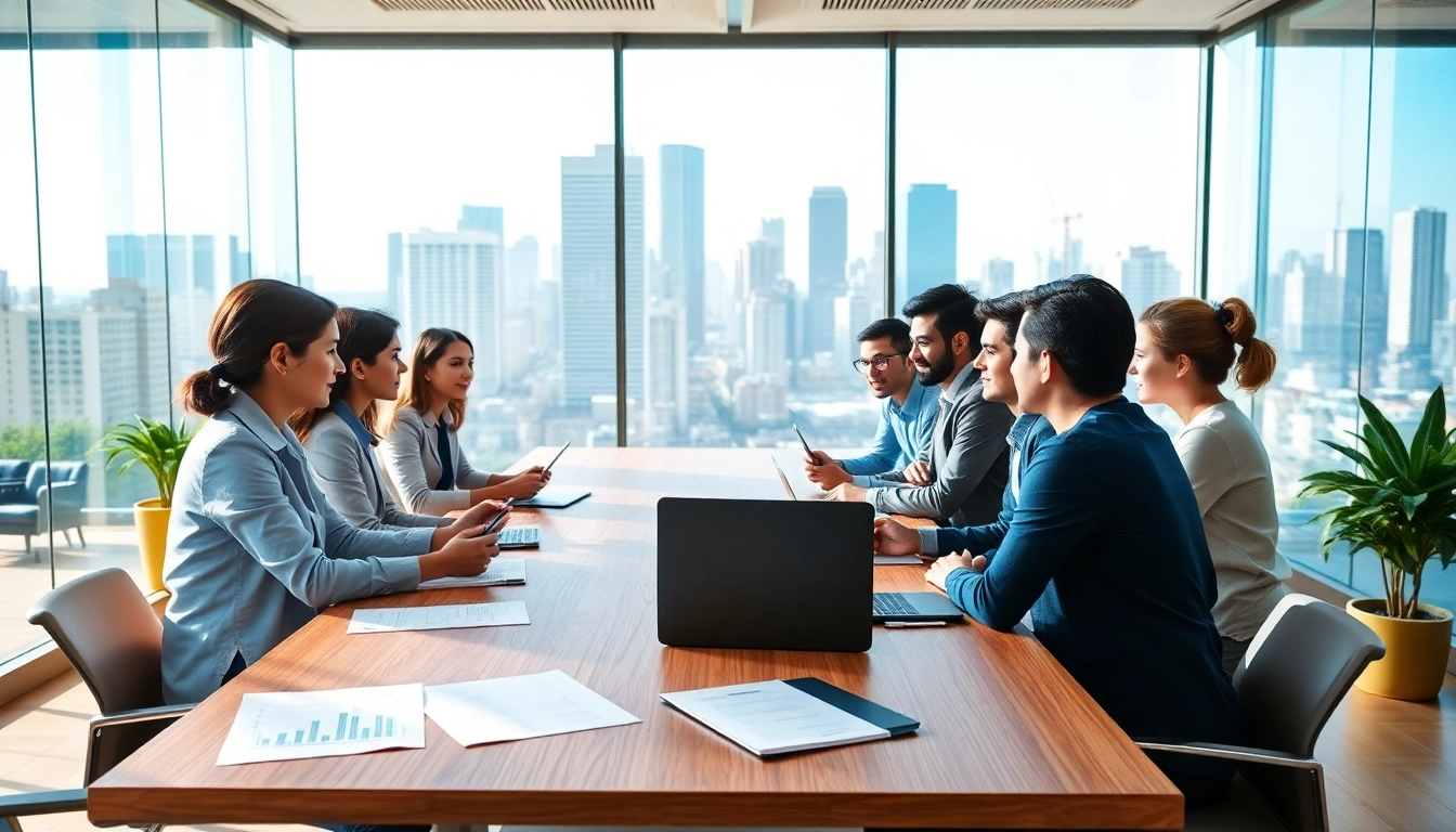 Business professionals collaborating in a meeting, showcasing a modern conference atmosphere.