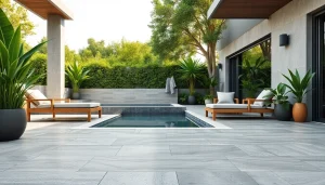 Terrasse extérieure élégante avec du carrelage extérieur affichant des effets pierre et bois.